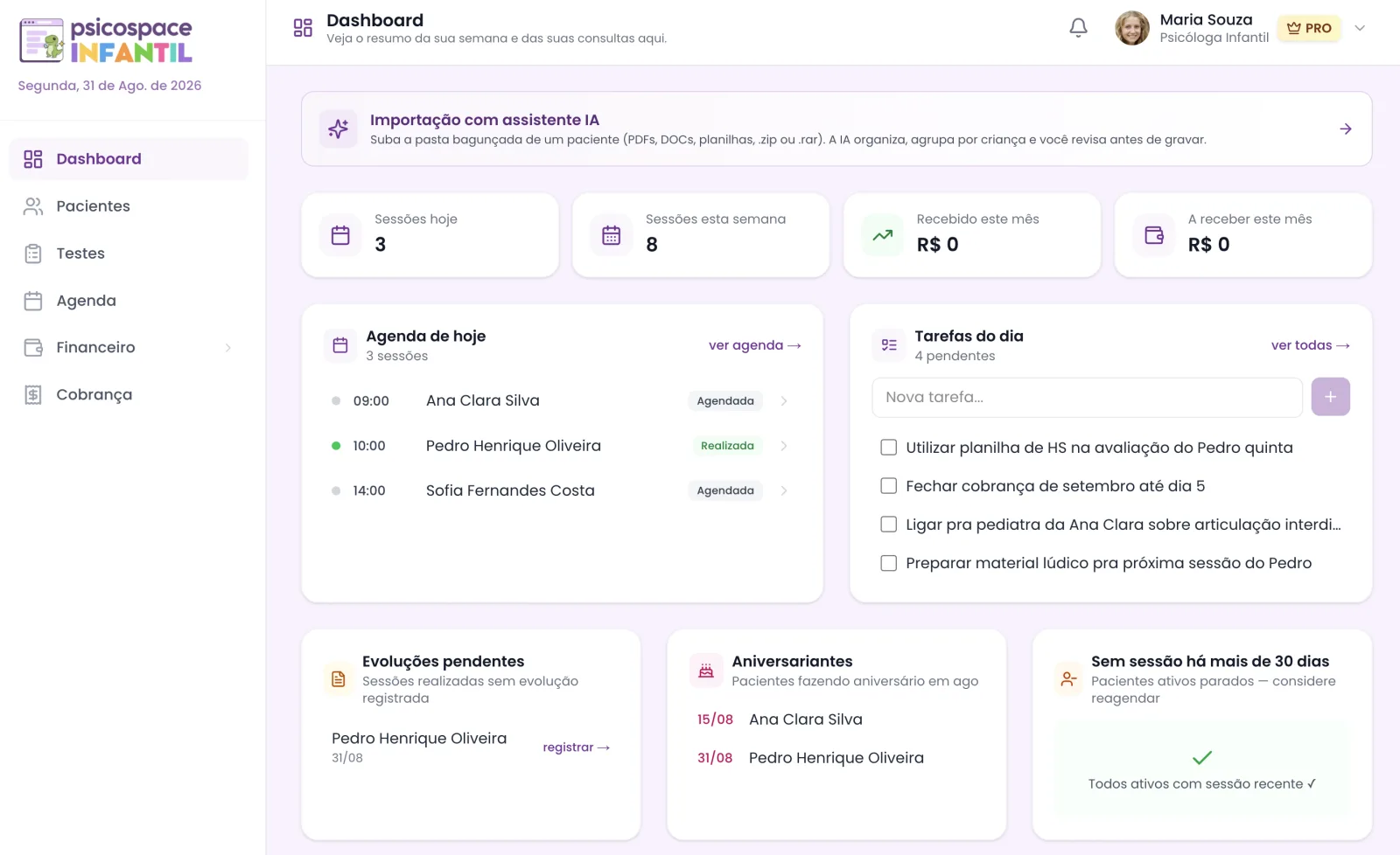 Dashboard do PsicoSpace Infantil: sessões do dia, tarefas, evoluções pendentes e aniversariantes