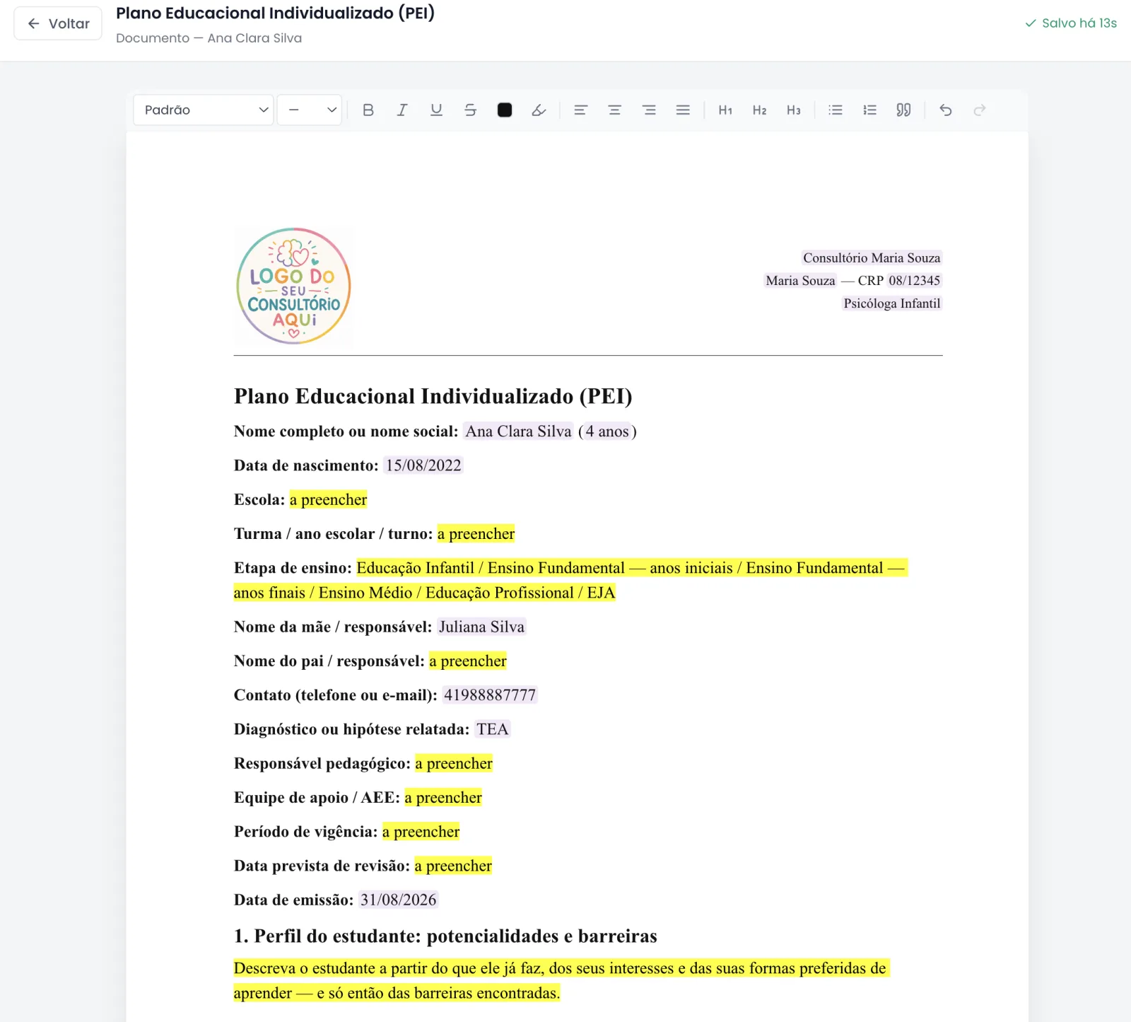 Editor de documento do PsicoSpace Infantil: PEI em papel timbrado, com variáveis preenchidas e lacunas grifadas
